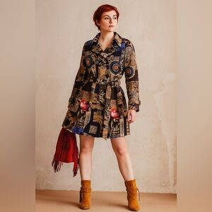 Desigual Mixed Print Belted Double Breast Removable Lining Trench Coat Jacket 42